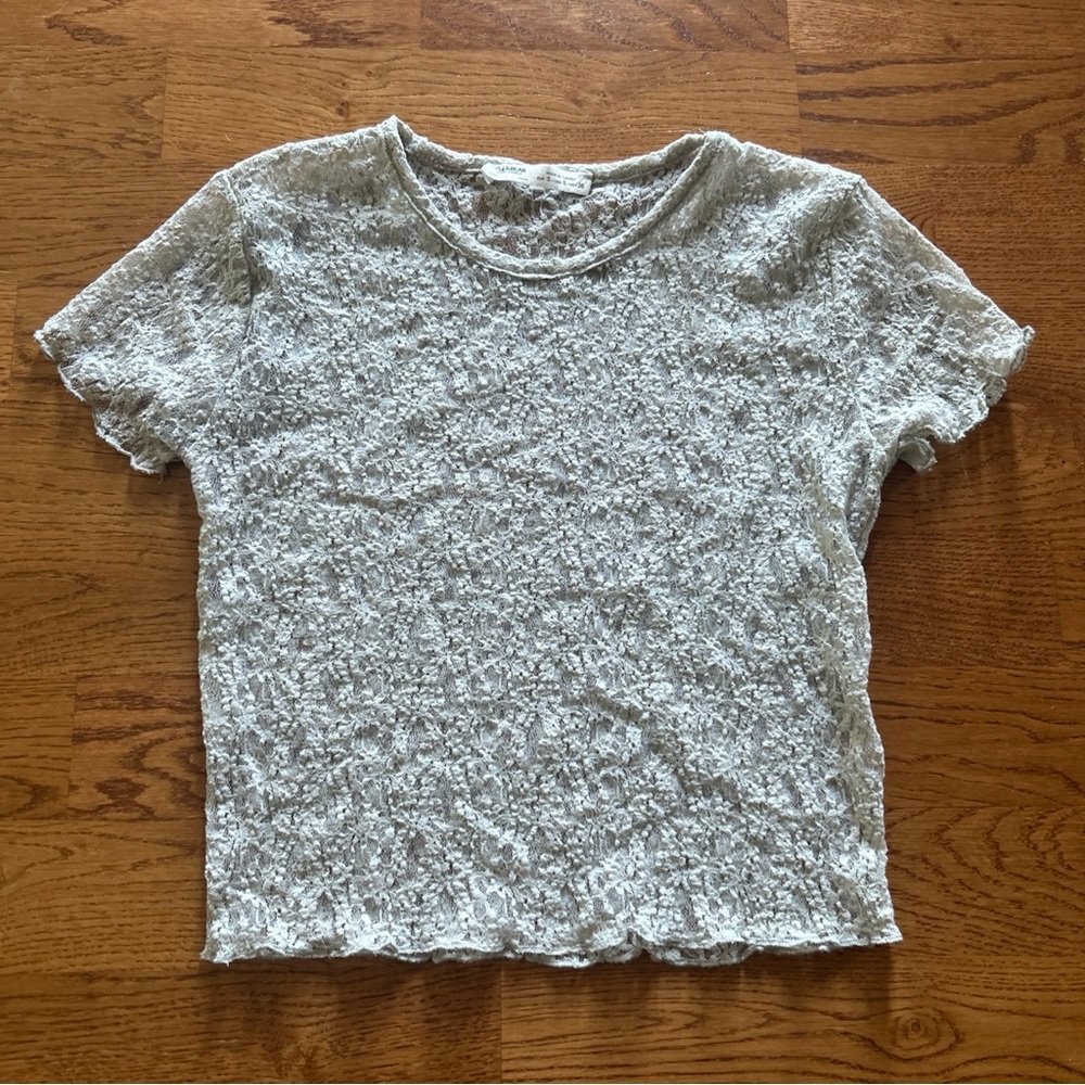 Pull & Bear Womens Lace Crop Top S Sheer Mesh Cropped Gray Baby Tee T Shirt Crew